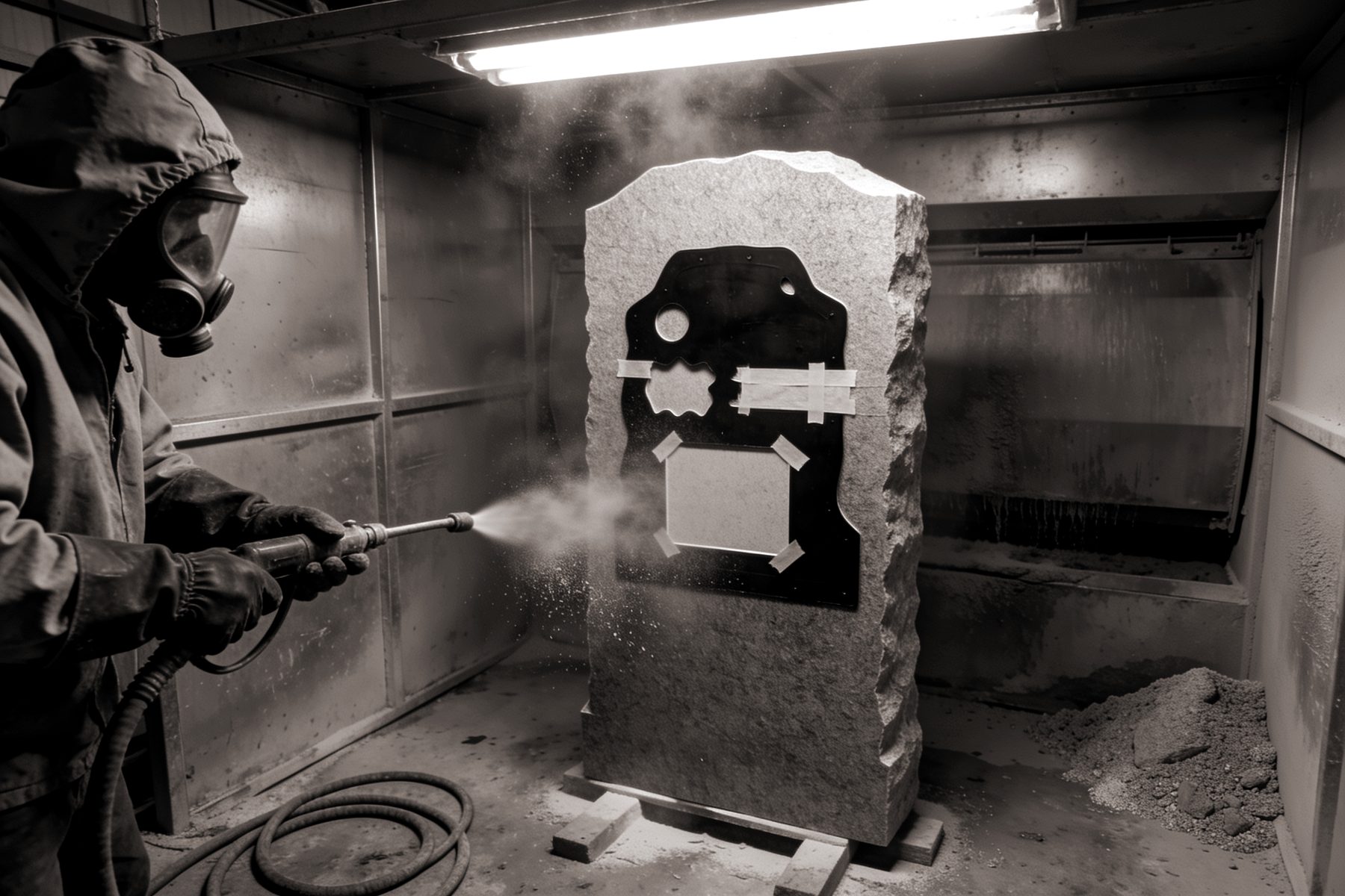 A worker in a canvas hood and full-face respirator directing a blasting nozzle at a grey granite die standing in a steel blast cabinet, a black rubber stencil taped across its face and abrasive dust drifting under the strip light.