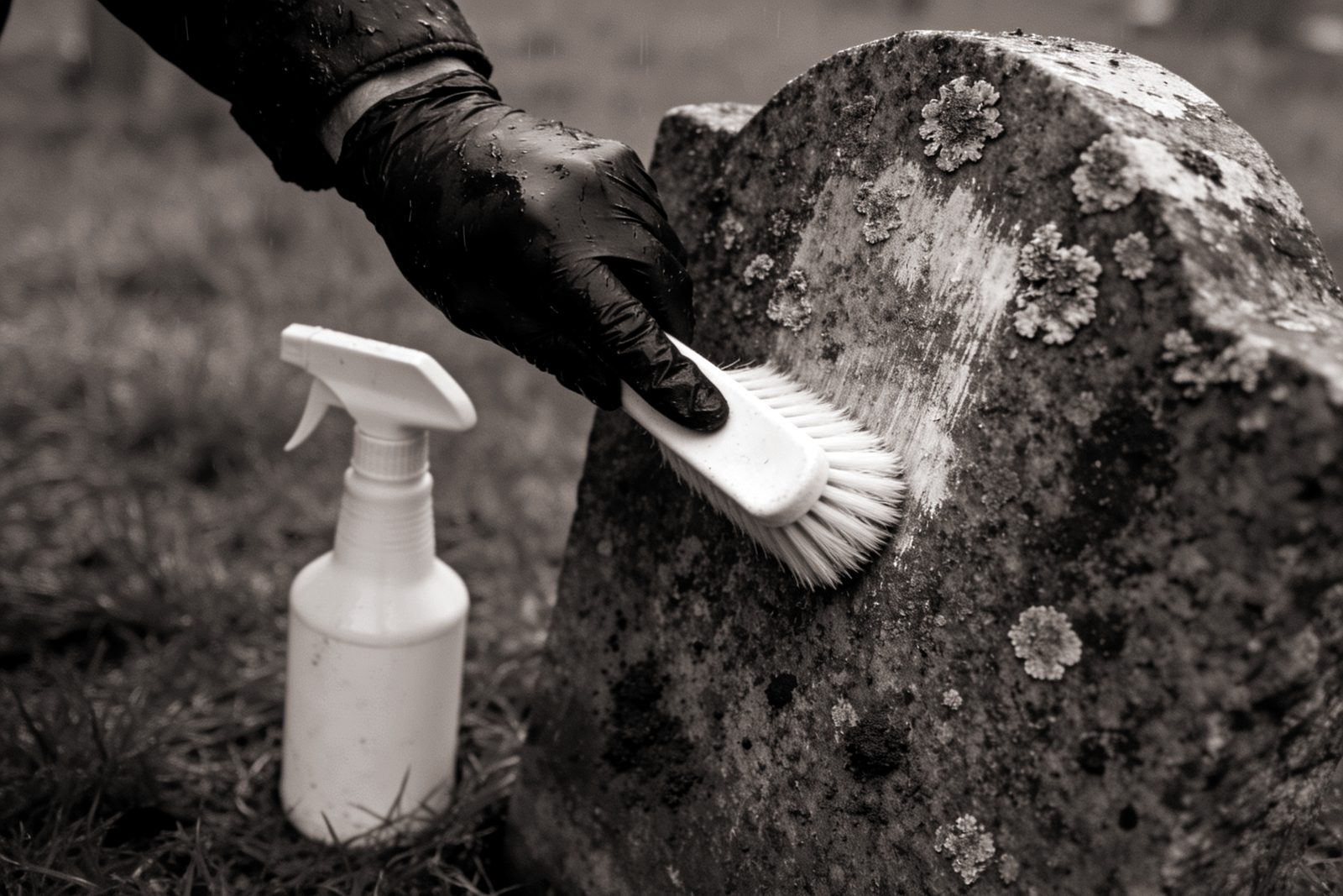 A gloved hand drawing a soft white nylon brush down the lichen-crusted face of an old granite marker, a plain spray bottle standing in the wet grass beside it, one band of the stone already visibly cleaner.
