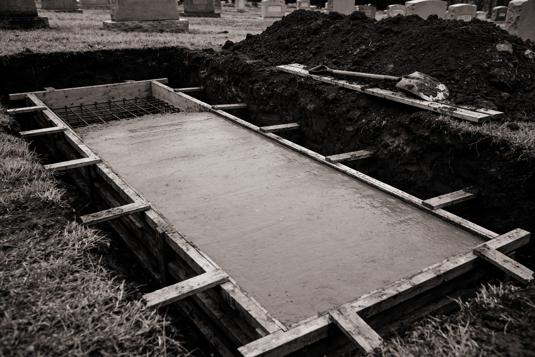 A rectangular pit cut into heavy brown clay in a cemetery, filled level with fresh grey concrete inside rough timber forms with reinforcing mesh showing at one end, a shovel laid across the spoil pile behind it.
