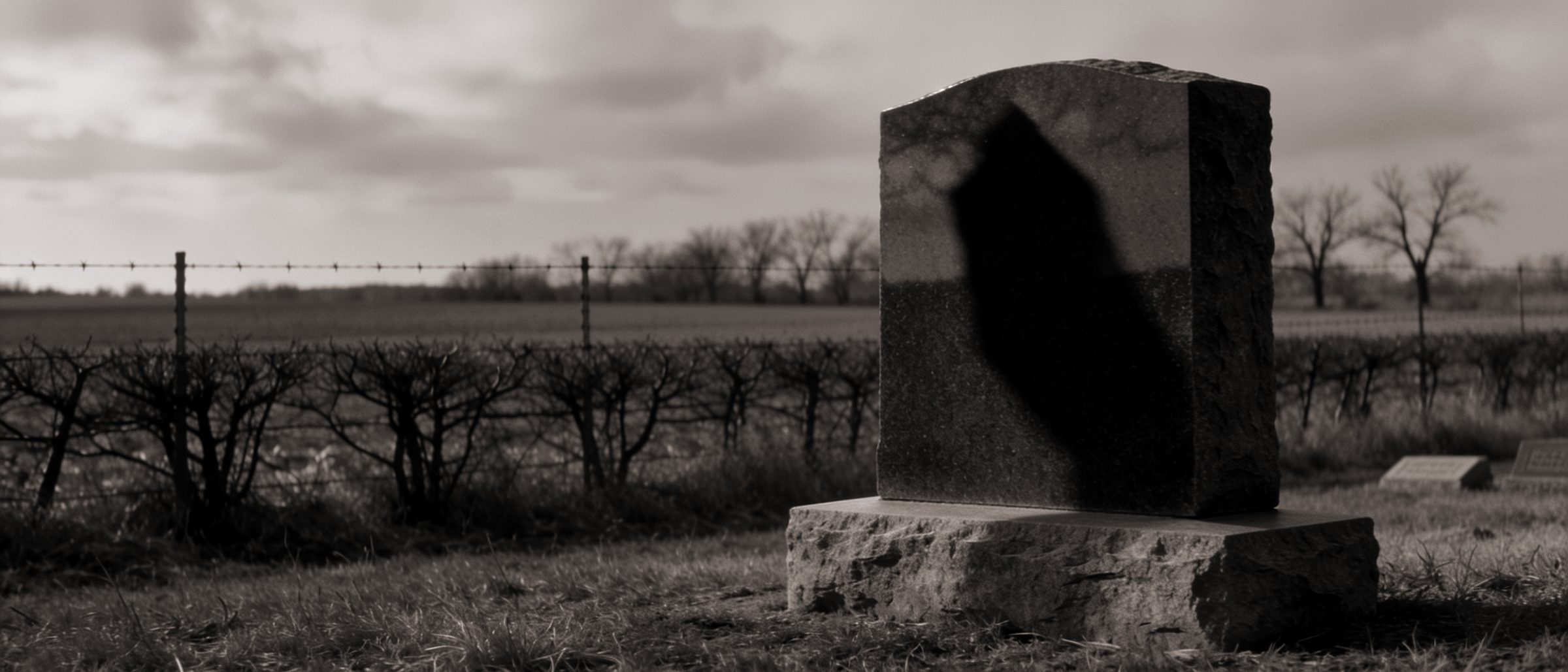 A dark polished granite die with a rock-pitched top standing on a rough-hewn granite base in a flat winter cemetery, its front face blank and in shadow, a barbed wire fence and bare hedgerow running behind it to open farmland.