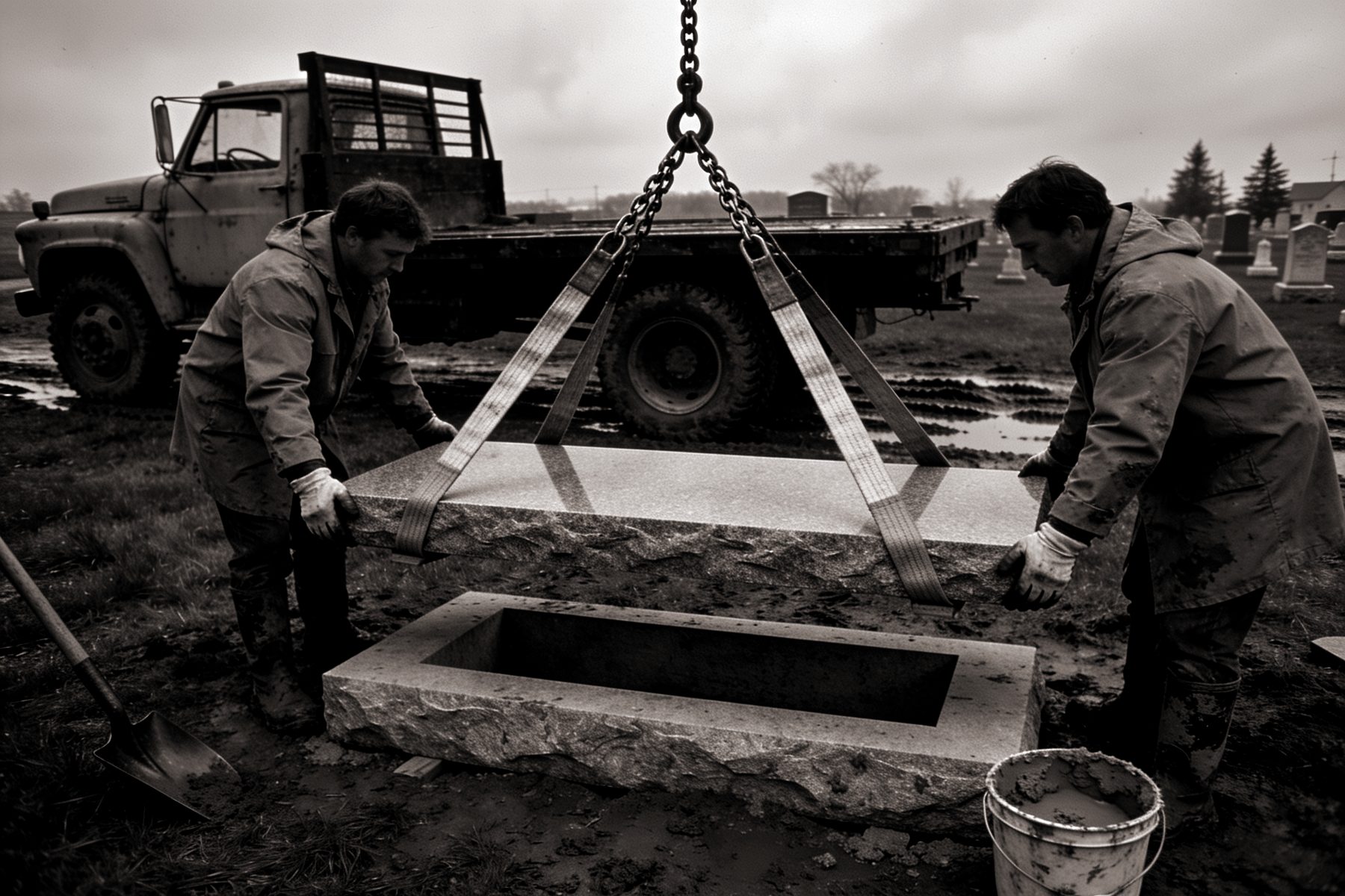 Two workers in wet-weather coats and muddy boots guiding a slab of granite down onto a rectangular granite curbing on chain-hoisted nylon straps, an old flatbed truck standing in the churned mud behind them.