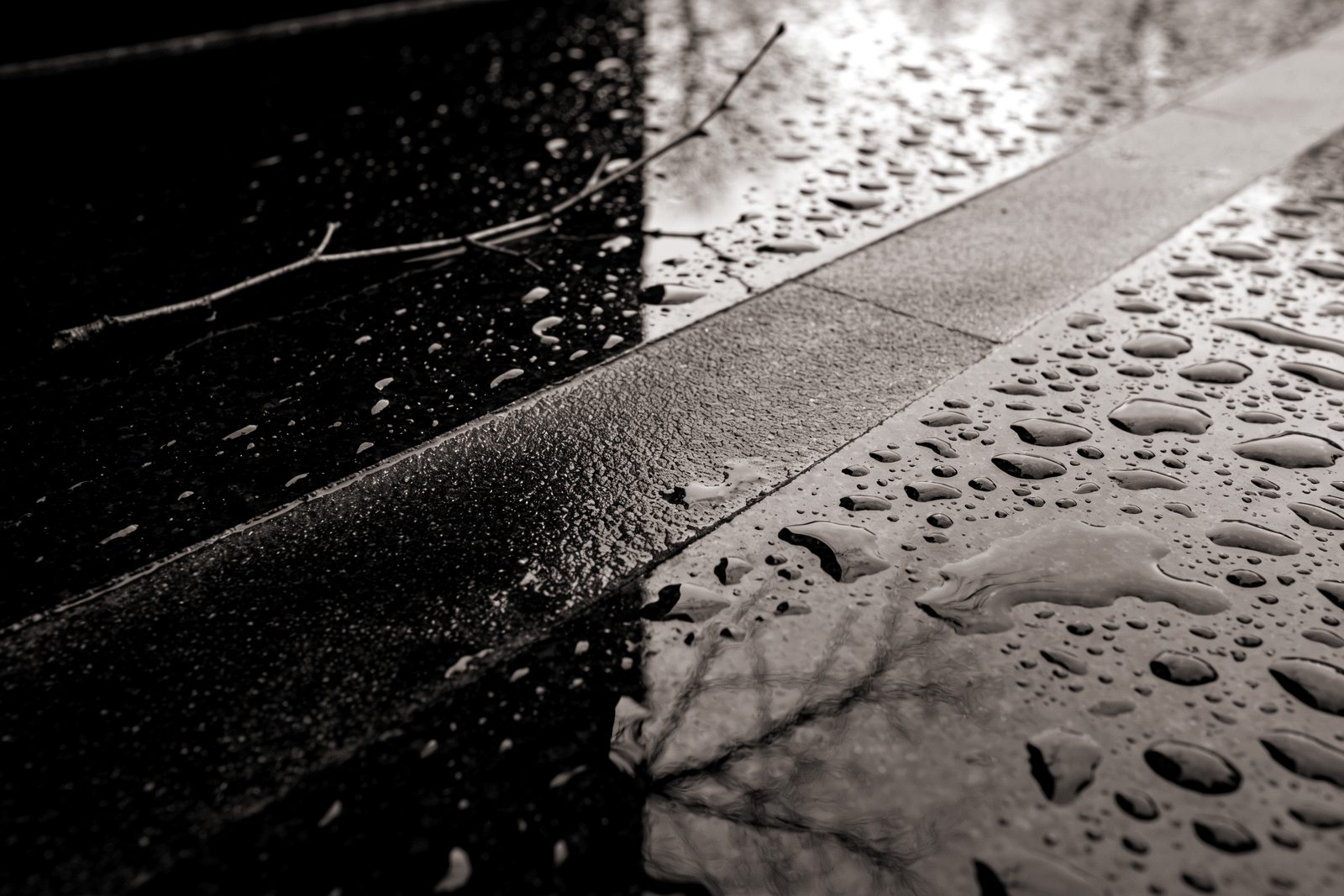 Close view of wet polished black granite beaded with rain, a matte sandblasted band running diagonally across it that has soaked dark until it barely separates from the polish on either side, a fallen twig and the reflection of bare branches lying on the surface.