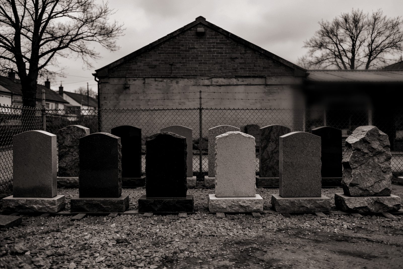 A row of finished granite memorials of different colours and finishes standing on gravel in an outdoor display yard, every face blank, a chain link fence and the brick gable of an old works building behind them.